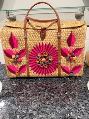 Vintage Woven Straw Tote with Pink Floral Embroidery